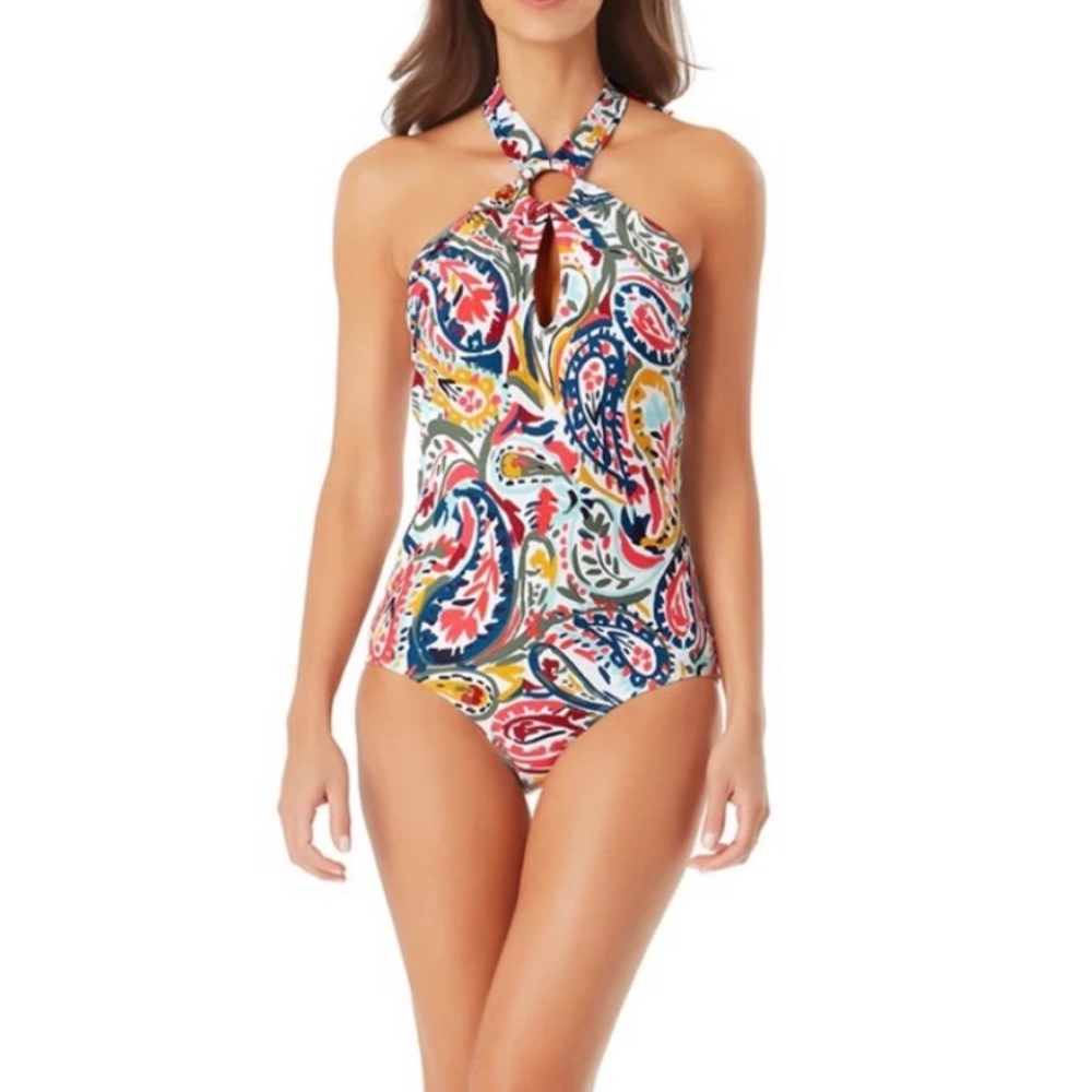 Anne Cole Paisley ring high neck one piece swim suit, size 12